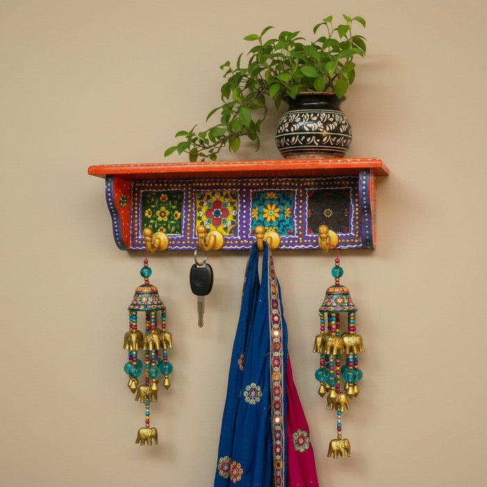 4 Hooks Wall Floating Shelf