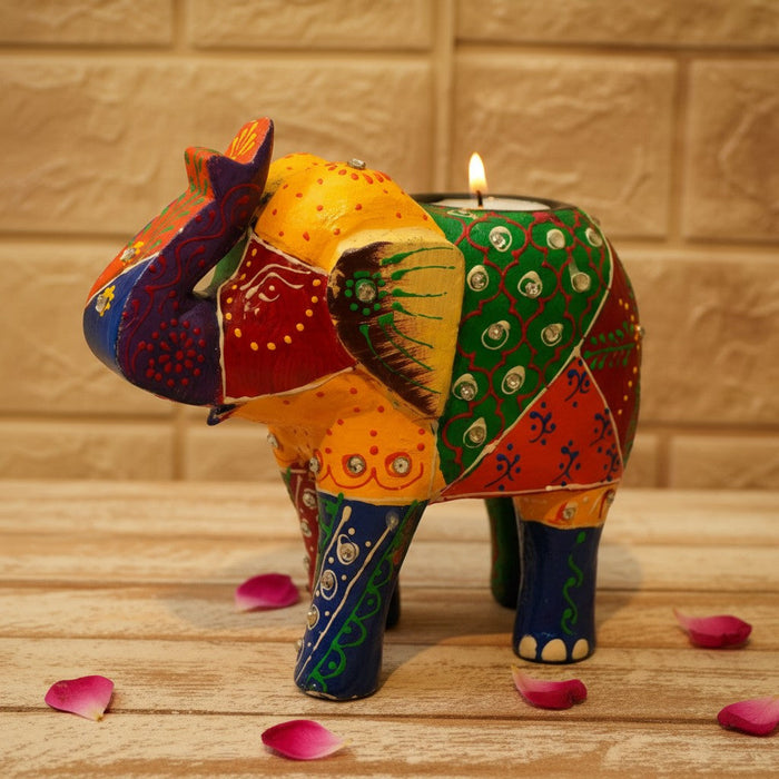 Wooden Tealight Holder Elephant 6" Set 2 (Free- 2 Ghee Tealight Candle)