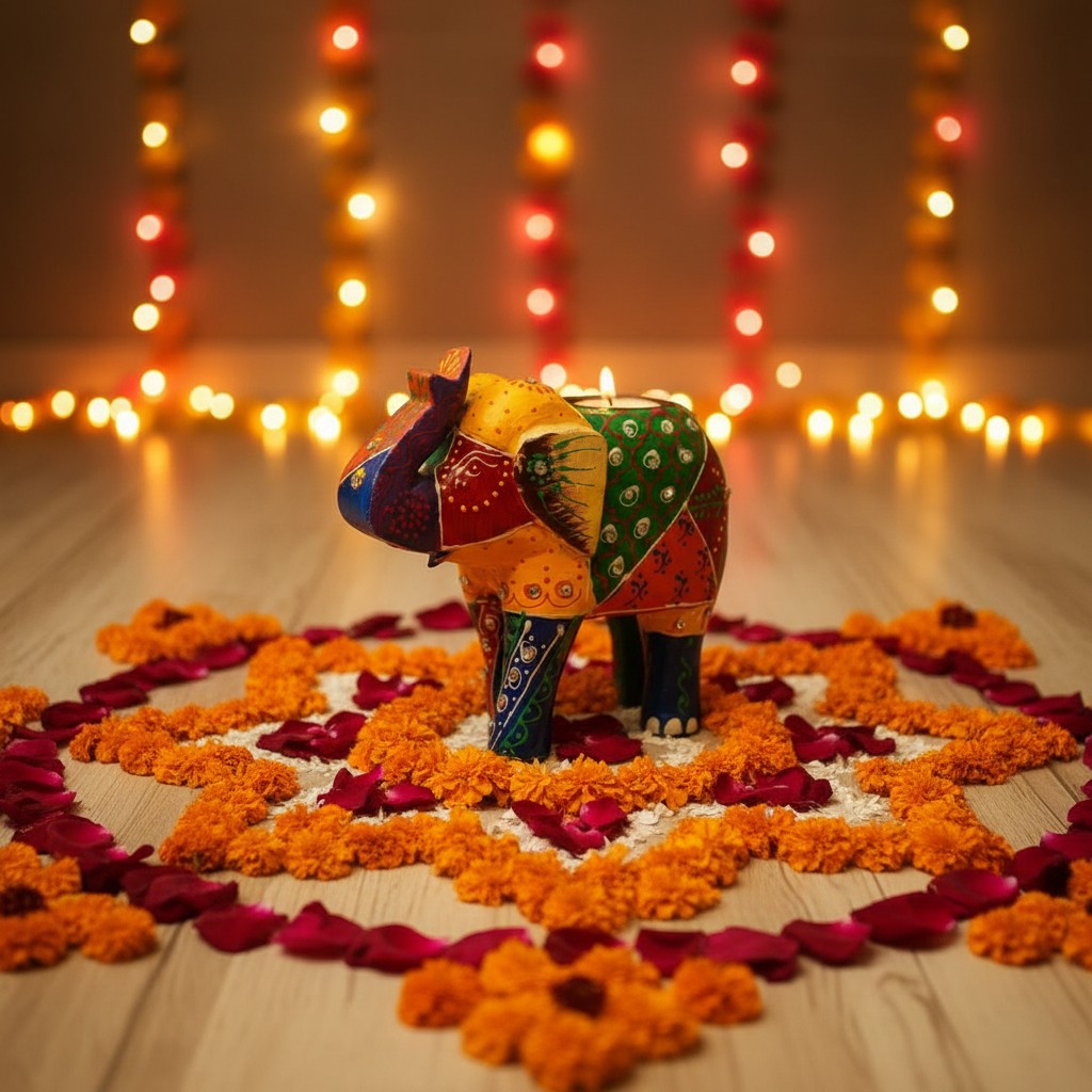 Wooden Tealight Holder Elephant 6" (Free- 1 Ghee Tealight Candle)