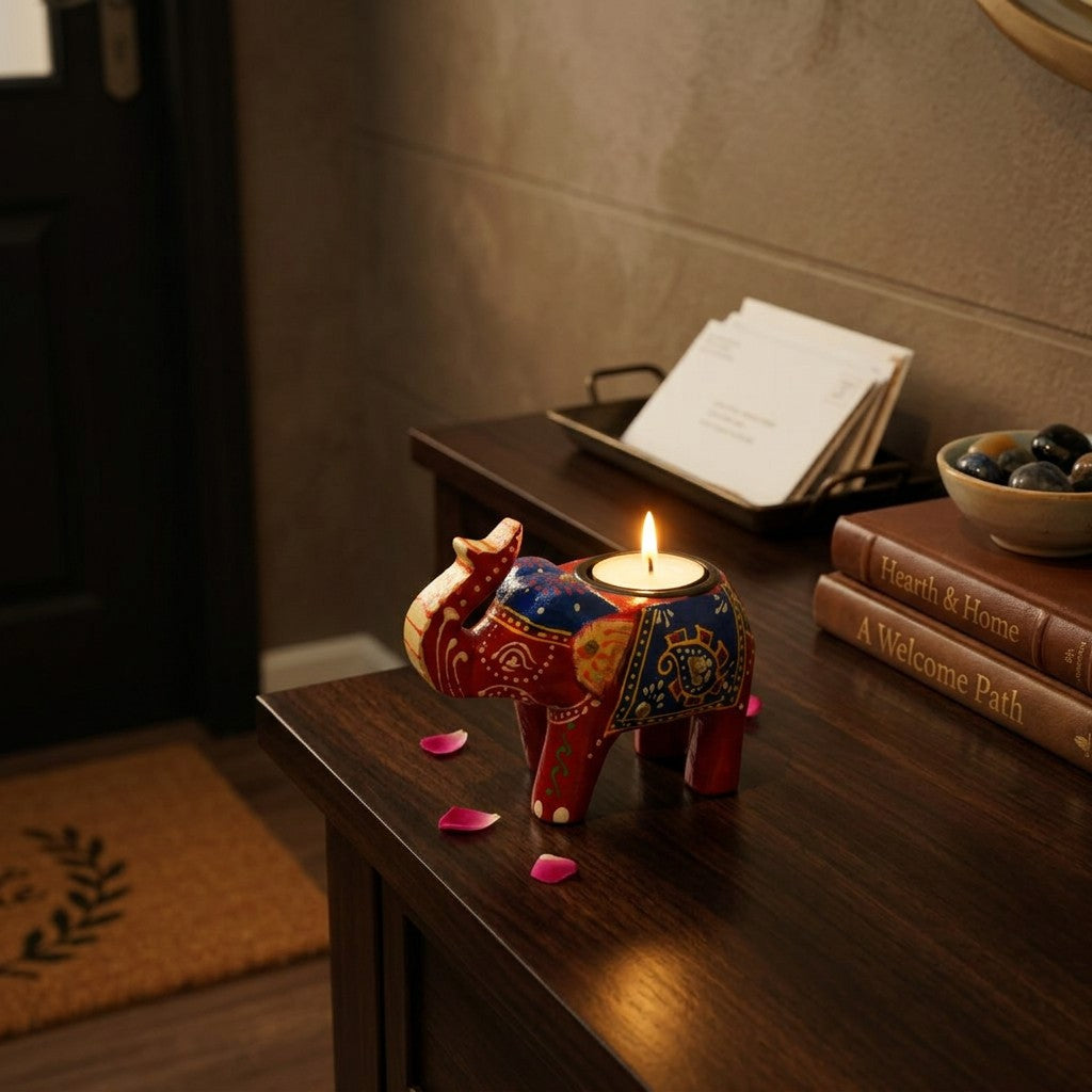 Wooden Tealight Holder Elephant 4" (Free- 1 Ghee Tealight Candle)