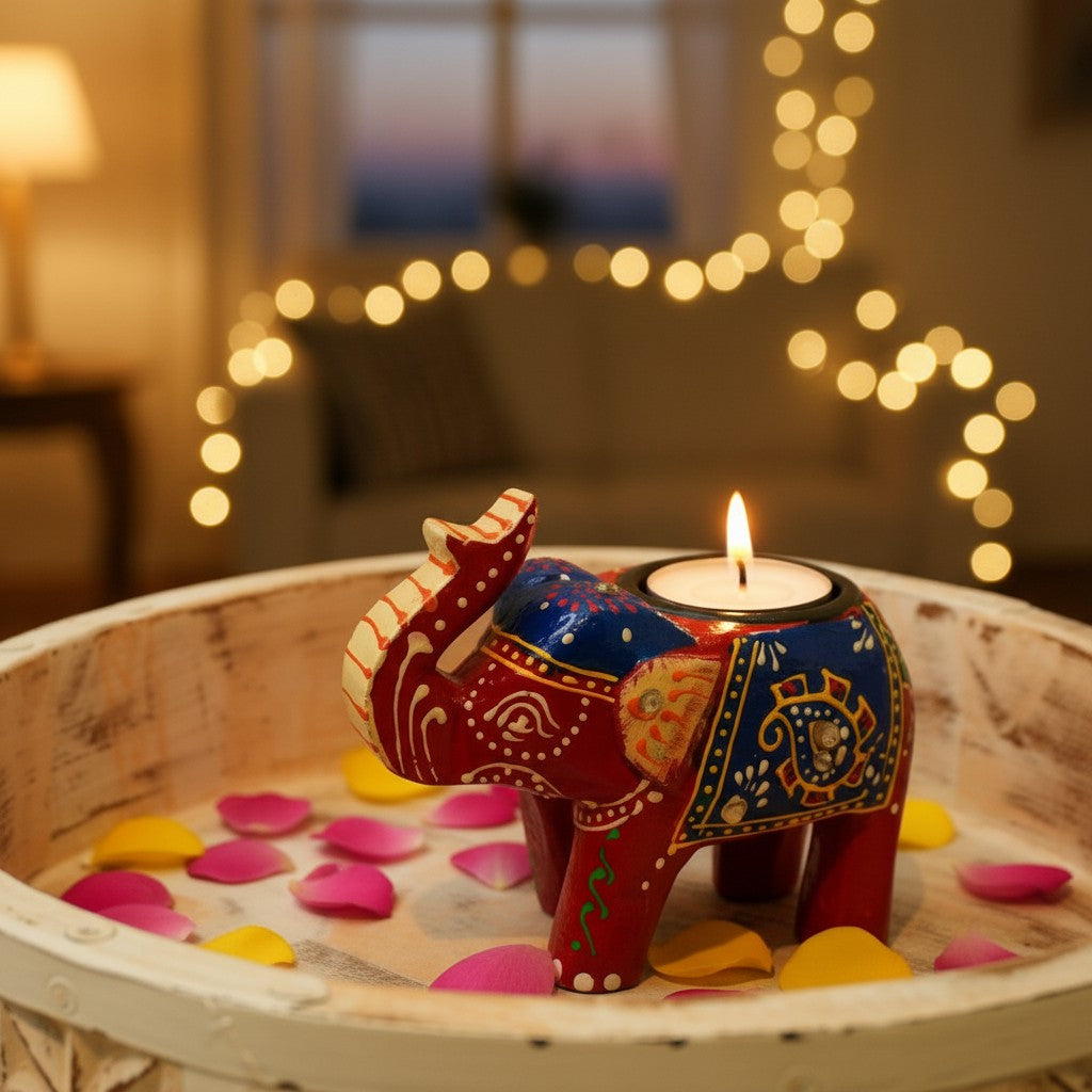 Wooden Tealight Holder Elephant 4" (Free- 1 Ghee Tealight Candle)