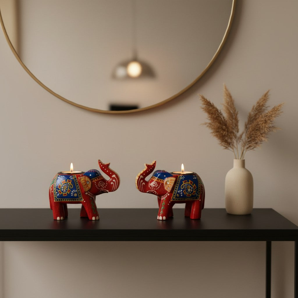 Wooden Tealight Holder Elephant 4" Set of 2 (Free- 2 Ghee Tealight Candle)