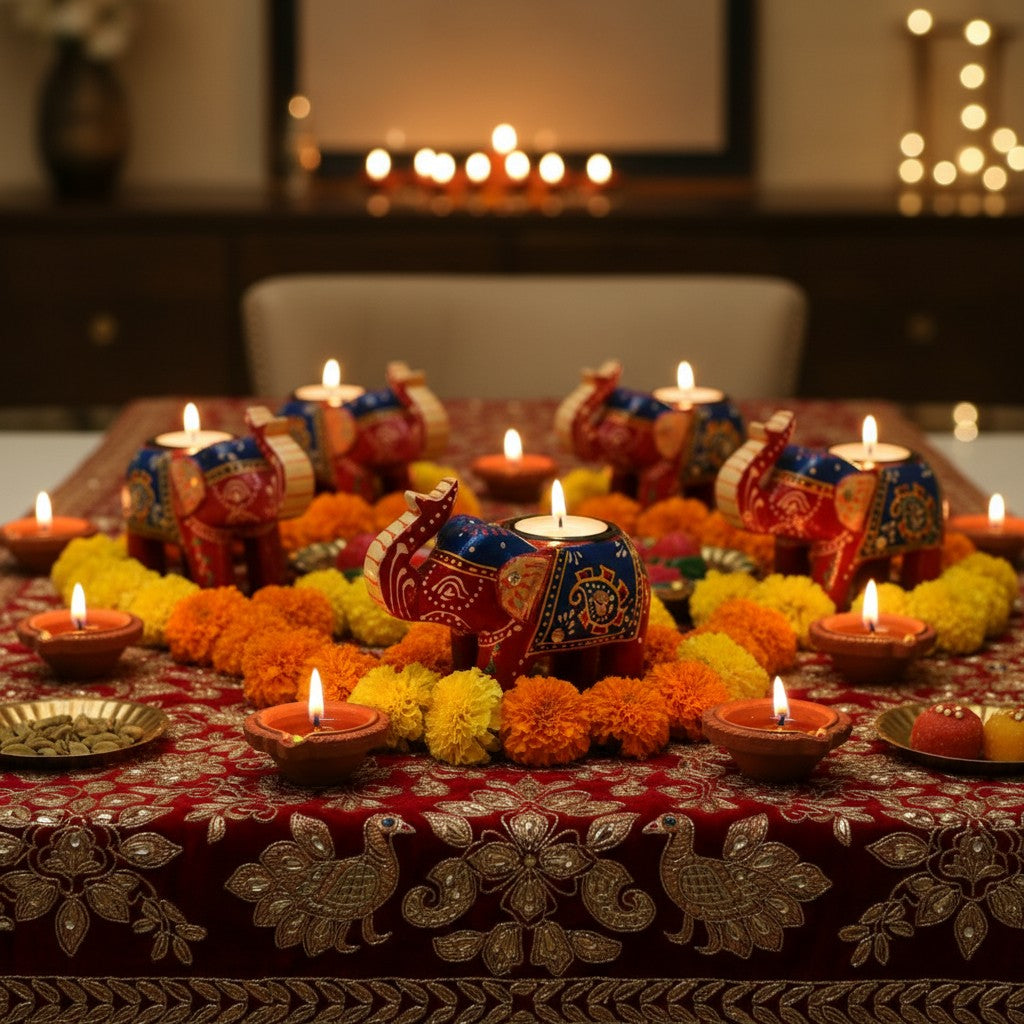 Wooden Tealight Holder Elephant 4" Set of 2 (Free- 2 Ghee Tealight Candle)