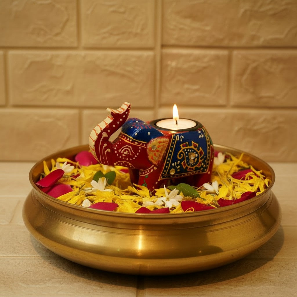 Wooden Tealight Holder Elephant 4" (Free- 1 Ghee Tealight Candle)