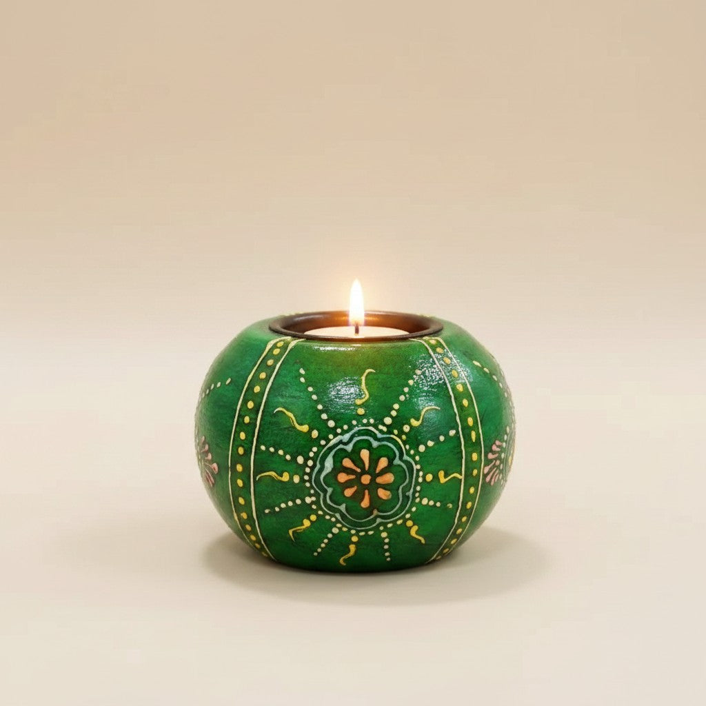 Wooden Tealight Holder Round, Set of 2 (Free- 2 Ghee Tealight Candle)