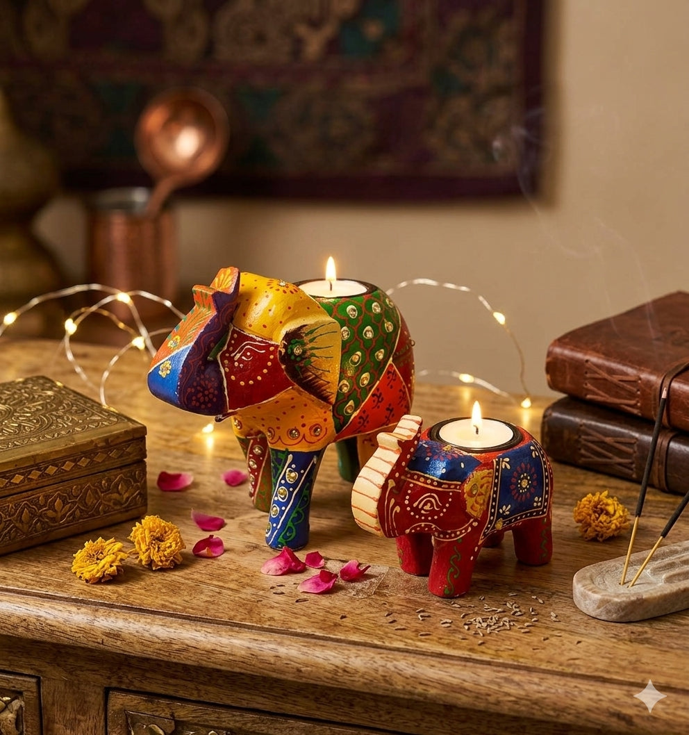 Wooden Tealight Holder Elephant 4" (Free- 1 Ghee Tealight Candle)